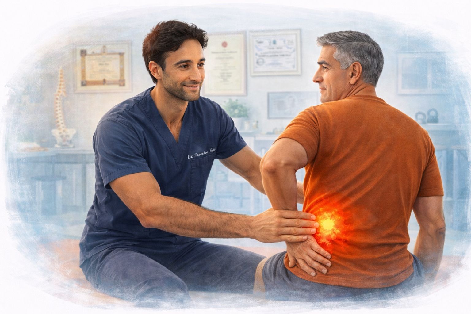 Fisioterapista che tratta un paziente con lombalgia